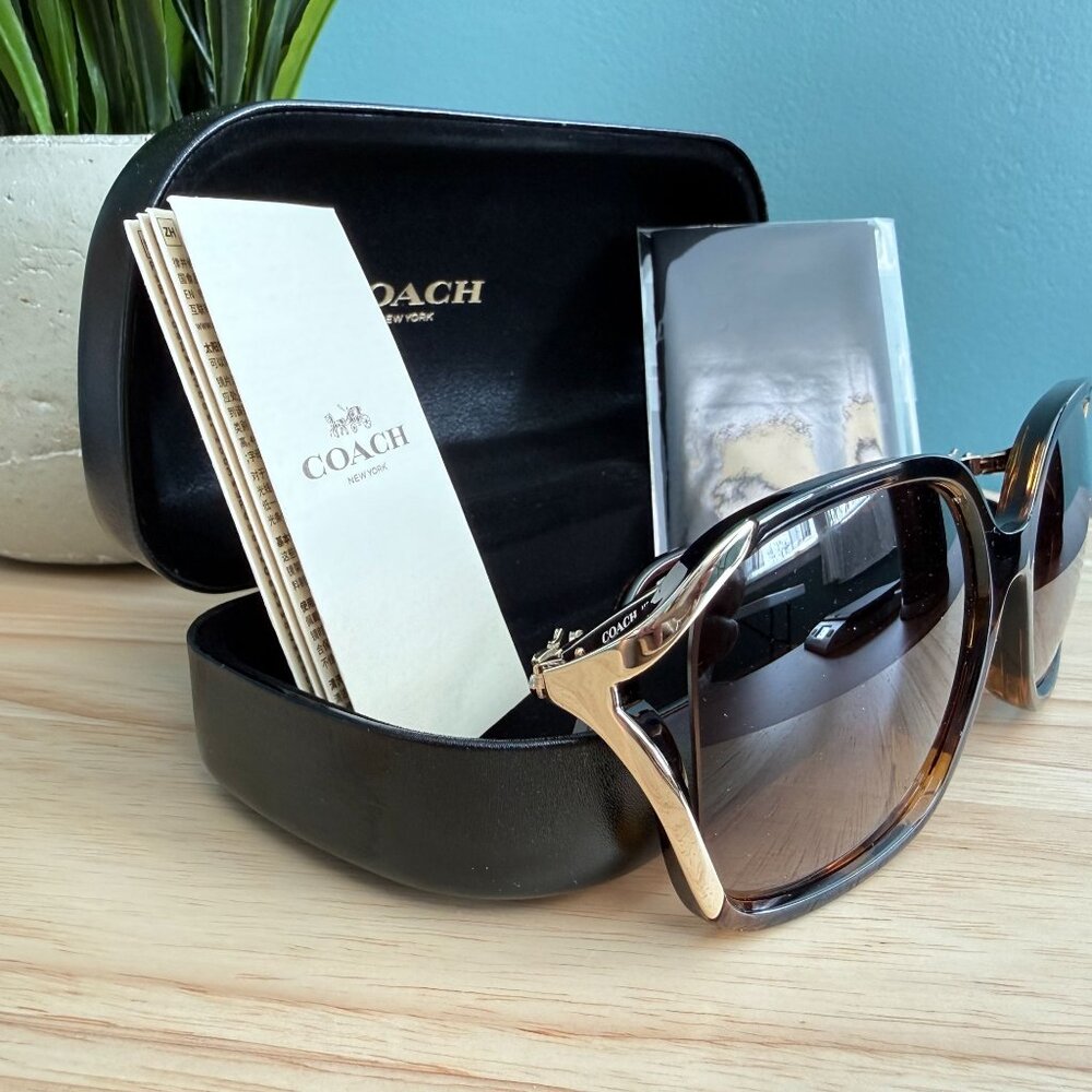 Coach Tortoise Sunglasses HC8280U L1116 XL Gold Cut Out Rims With Case & Papers - Picture 4 of 16